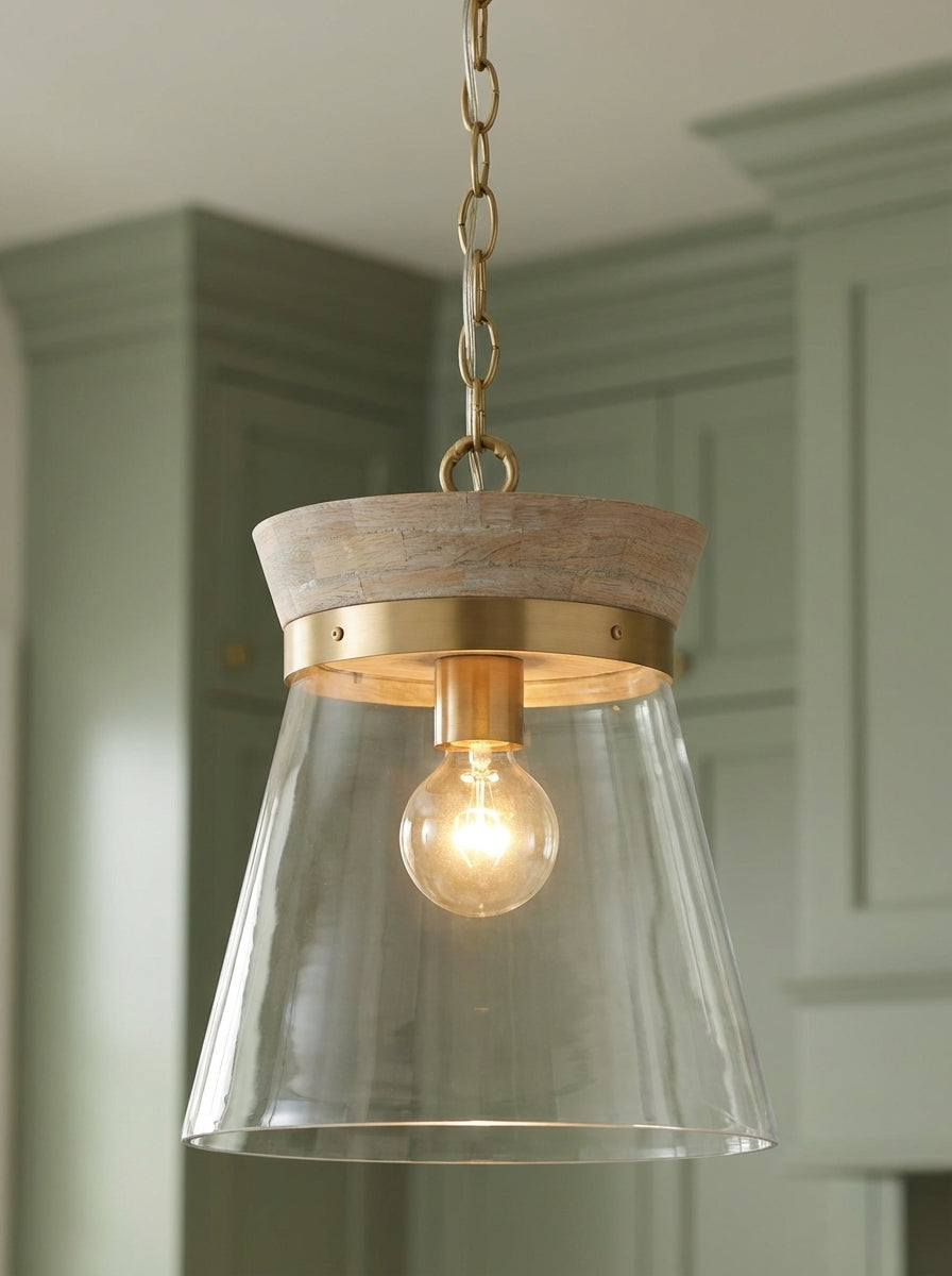 Maren Pendant 12, Whitewash and Matte Brass for Modern Farmhouse home with Green Shiplap