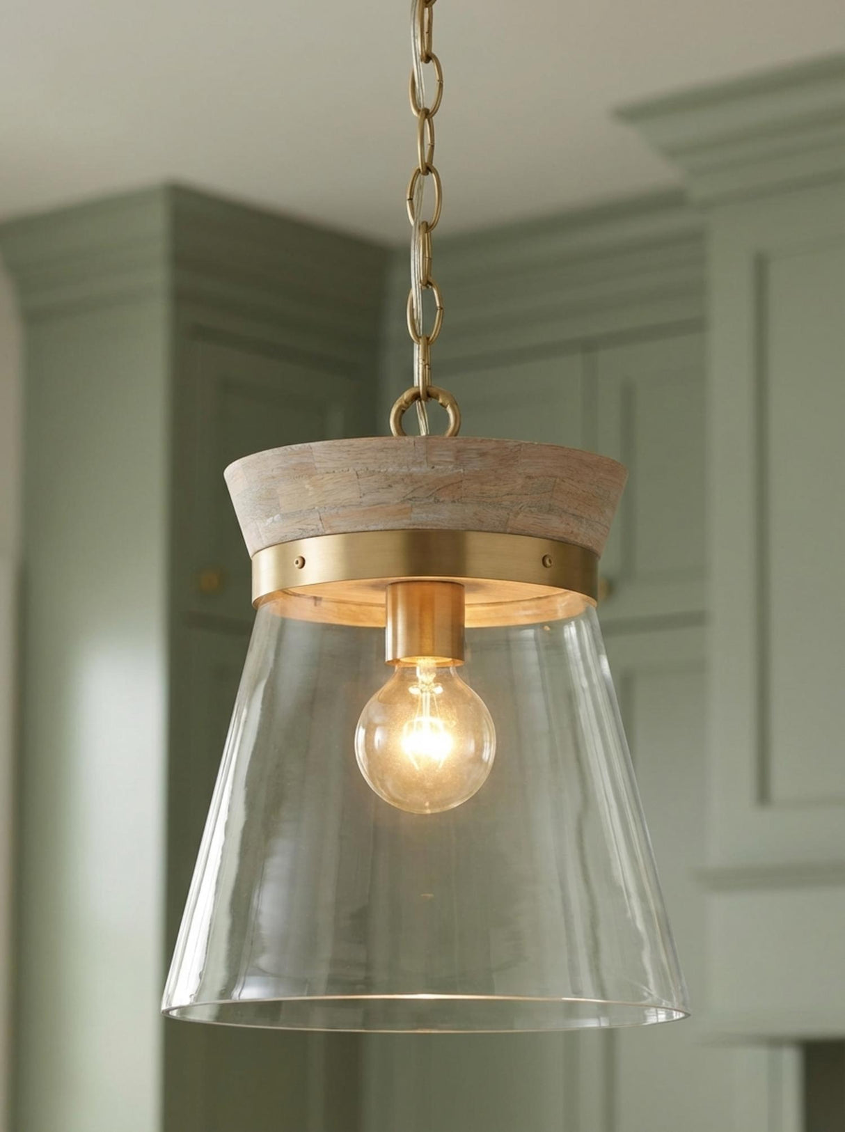 Maren Pendant 12, Whitewash and Matte Brass for Modern Farmhouse home with Green Shiplap