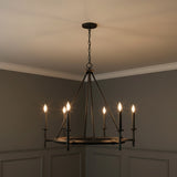 Bexley 6 Light Ring Chandelier 33", Brushed Black Iron for Transitional home with Dark Gray Panel Molding