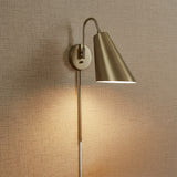 Crosby Wall Sconce 23, Matte Brass for Modern home with Textured Beige Wallpaper