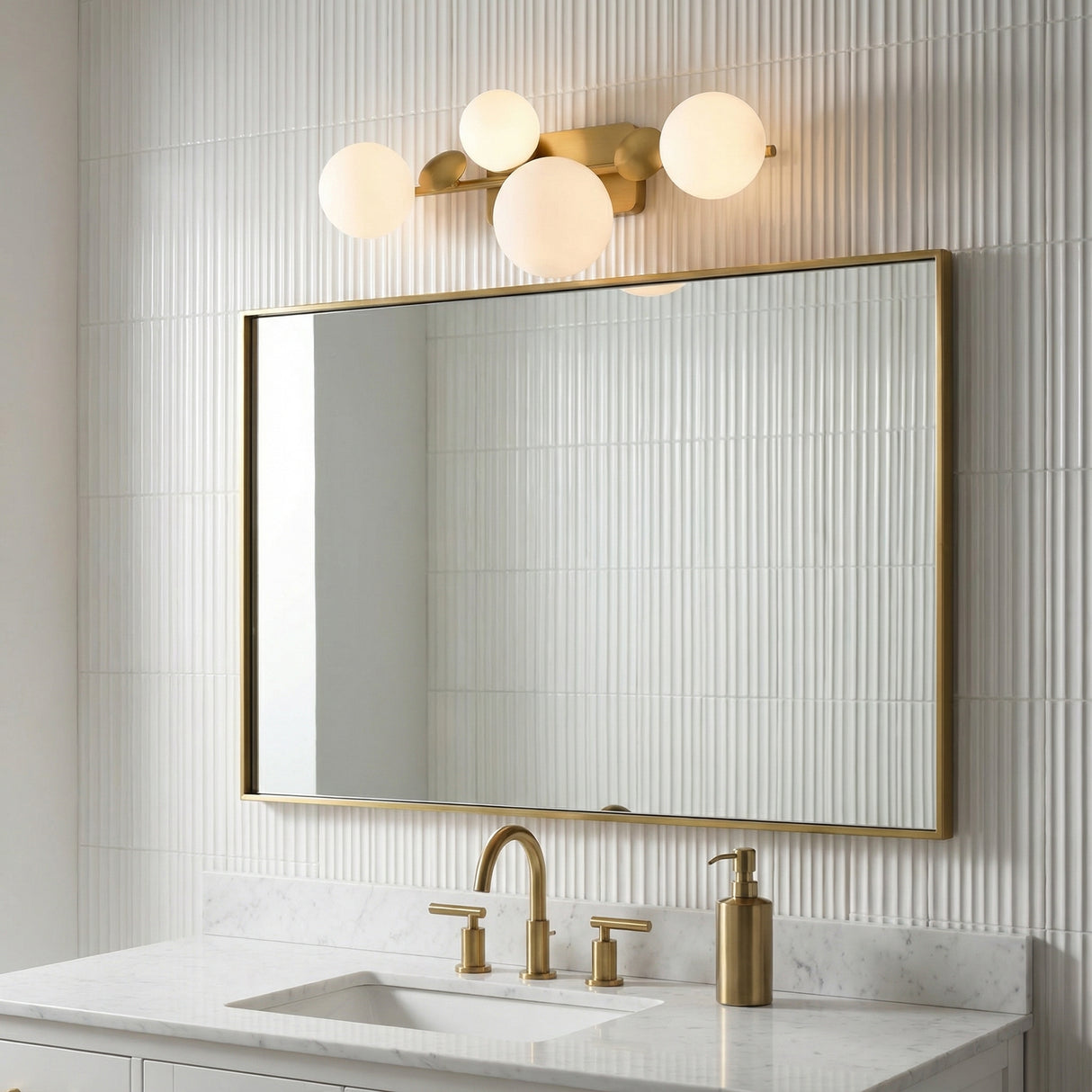 Inari LED 4 Light Vanity, Brass with Opal Glass for Modern home with White Siding