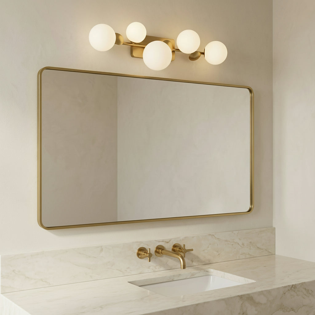 Inari LED 5 Light Vanity, Brass with Opal Glass for Modern home with Warm Beige Walls