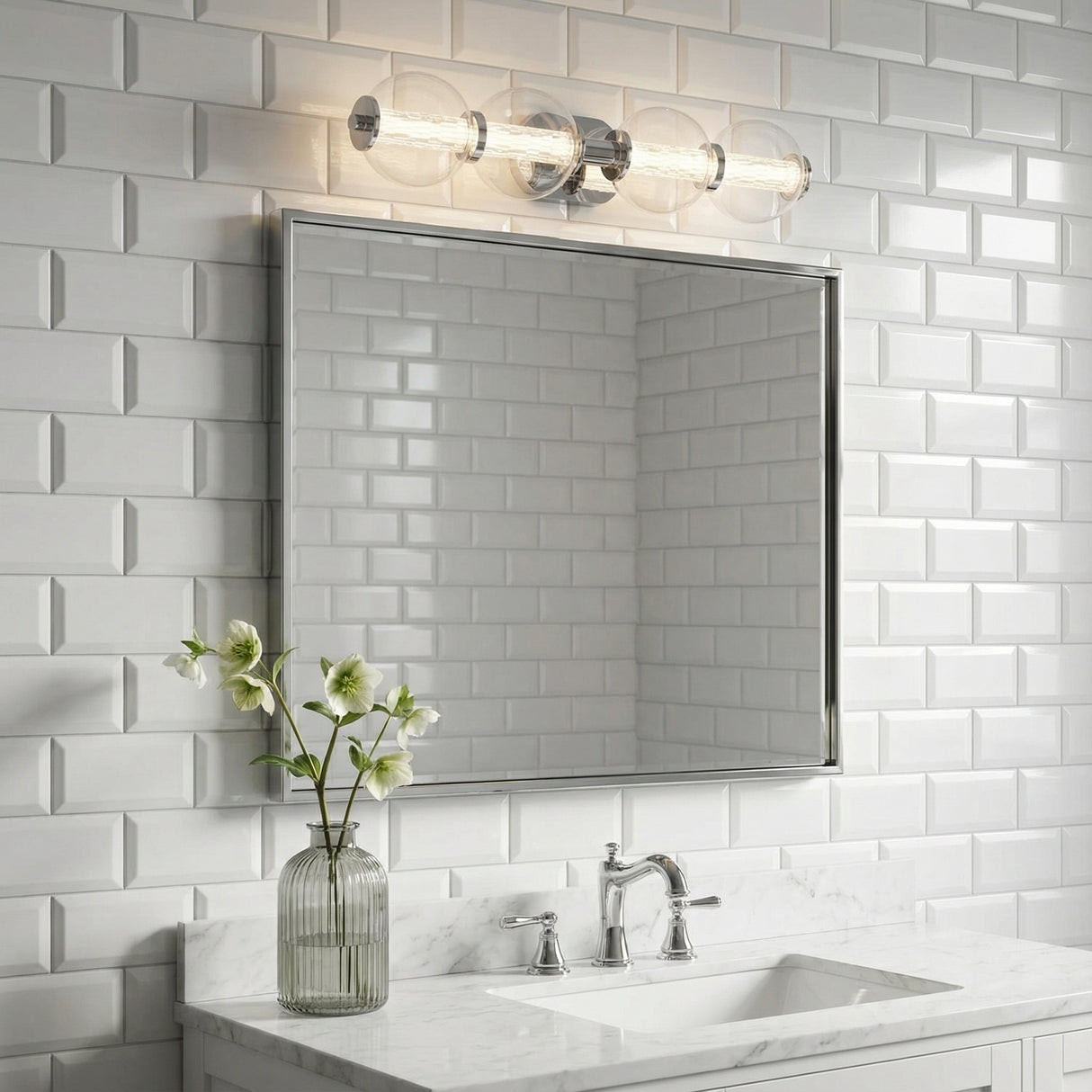 Elara LED 4 Light Vanity 30", Chrome and Clear Glass for Modern home with White Subway Tile