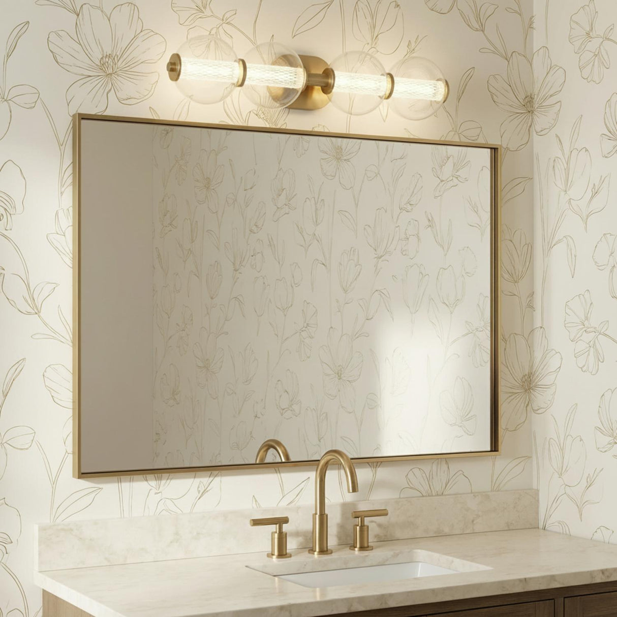 Elara LED 4 Light Vanity 30", Brass and Clear Glass for Modern home with Floral Wallpaper