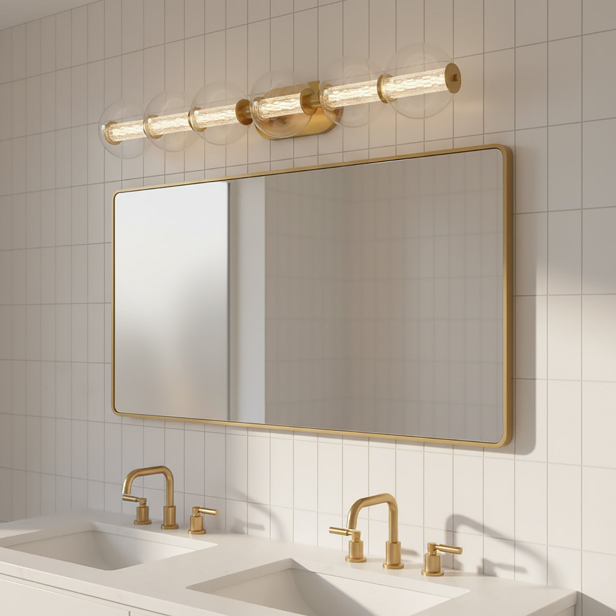 Elara LED 5 Light Vanity 38, Brass and Clear Glass - Vanity light above a double sink in a bathroom