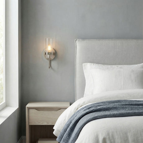 Corbin Wall Sconce 11", Brushed Nickel linear Wall Sconce in a Contemporary Bedroom with white linen bedding & light wood nightstand.