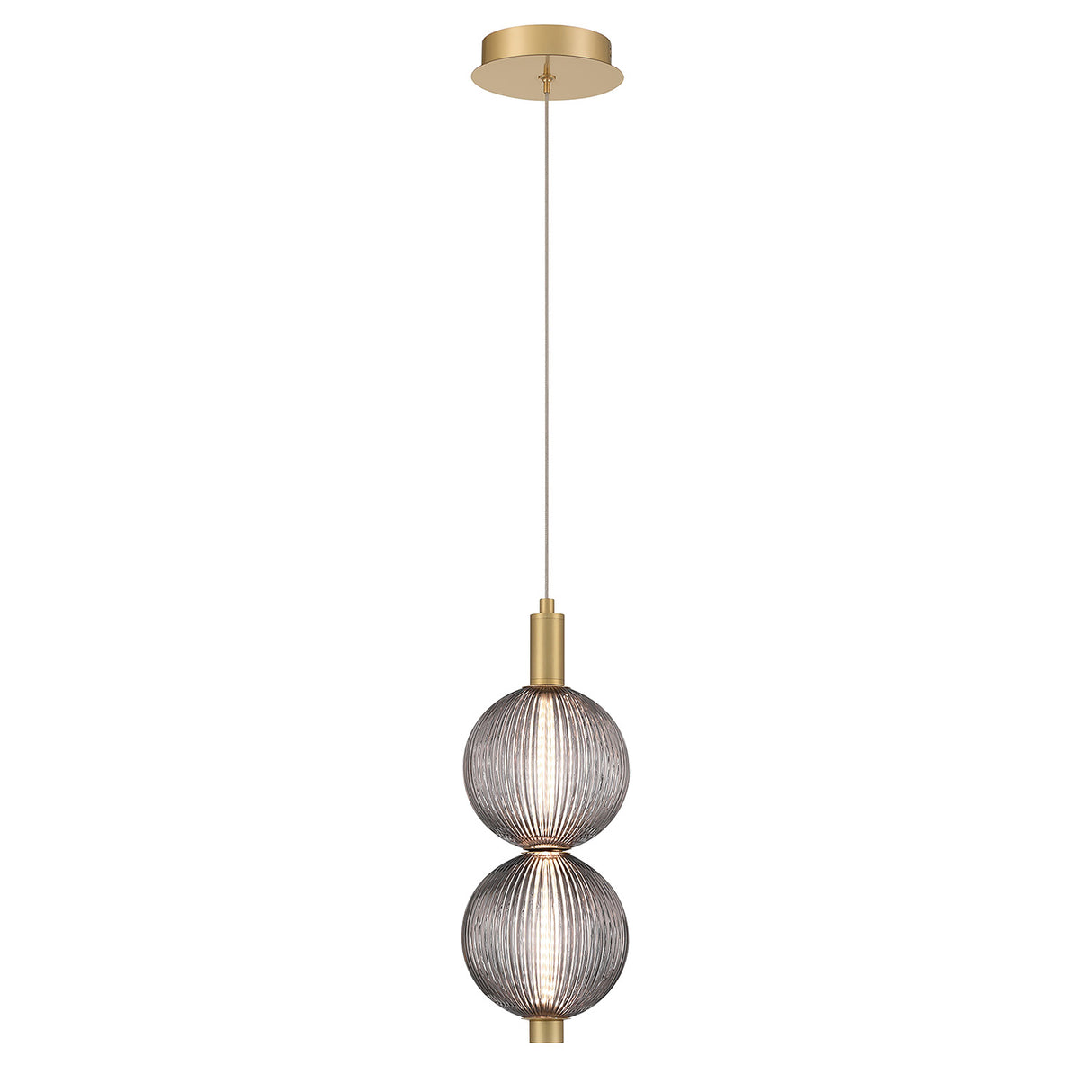 Nola LED 2 Light Pendant 16", Brass and Ribbed Smoked Glass