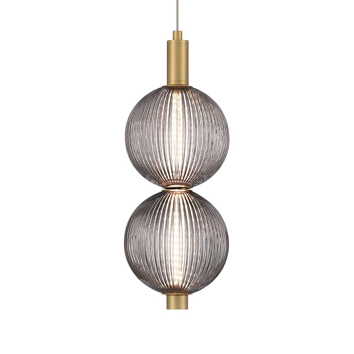 Nola LED 2 Light Pendant 16", Brass and Ribbed Smoked Glass