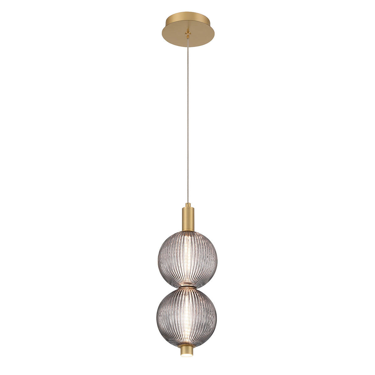 Nola LED 2 Light Pendant 16", Brass and Ribbed Smoked Glass