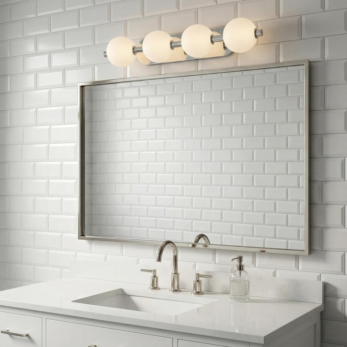 Nola LED 4 Light Vanity 30", Polished Nickel and Ribbed Opal Glass