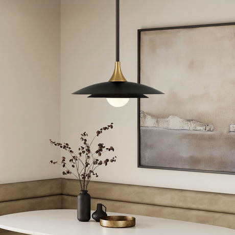 Yates modern pendant light 18" wide in black and brass in a modern dining nook.