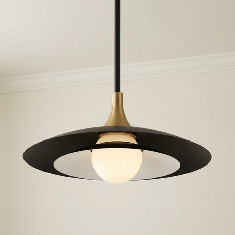 Matte Black and Brass geometric pendant in a Modern Dining Room with neutral walls and crown molding.