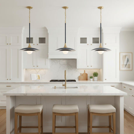 Yates LED Pendant 18, Matte Navy - Three pendant lights above a kitchen island.