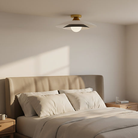 Yates LED Flush Mount 18", Matte White finish in a neutral bedroom.