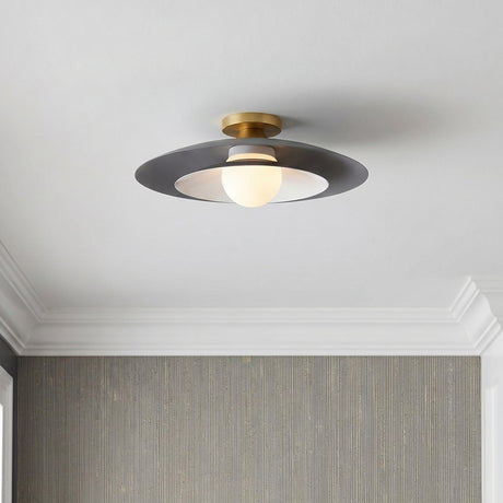 Yates LED Flush Mount 18", Matte Grey geometric globe Flush Mount in a Transitional Entryway with textured grey wallpaper.