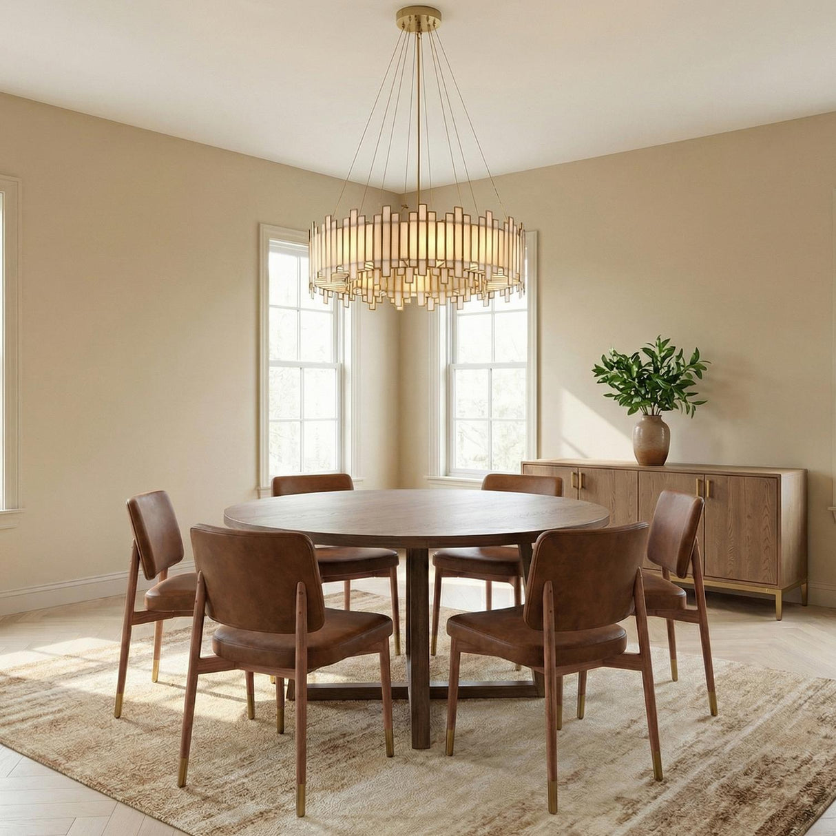 Colette 8 Light Chandelier 28", Antique Brass geometric Chandelier in a Contemporary Dining Room with a round wood table and leather chairs.