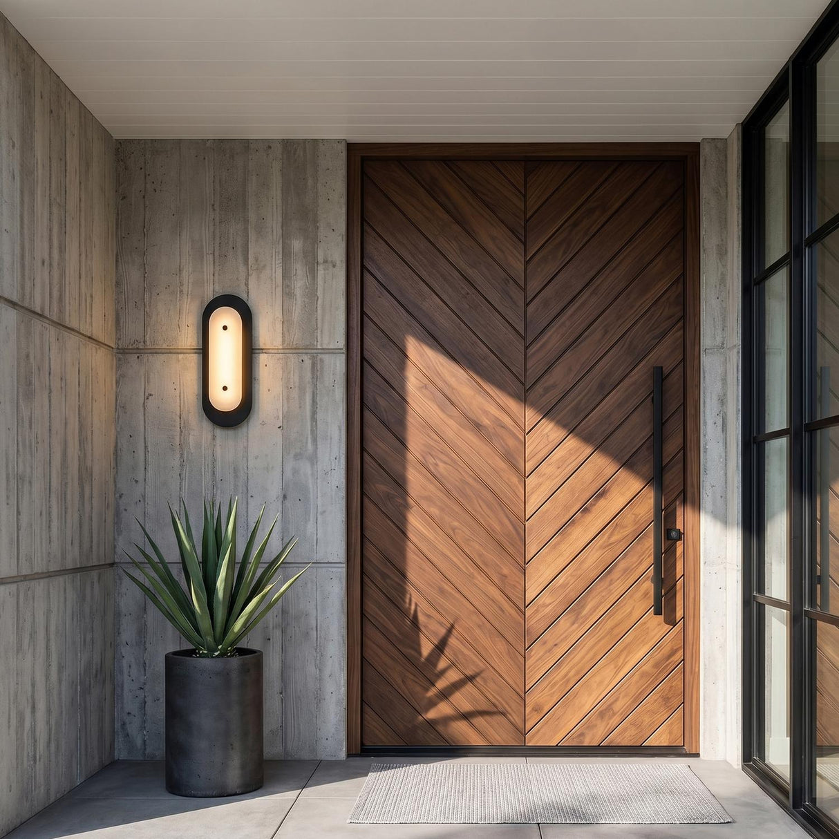 A modern home entry with the Vance LED Outdoor Wall Light 16", Black and Alabaster, mounted on board-formed concrete beside a chevron walnut door and potted agave.