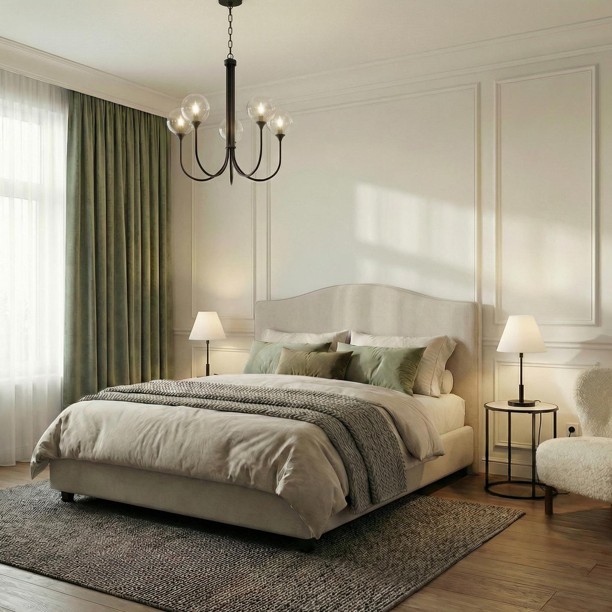 Eaton LED 5 Light Chandelier 34", Matte Black and Clear Glass globe Chandelier in a Transitional Bedroom with green velvet curtains.