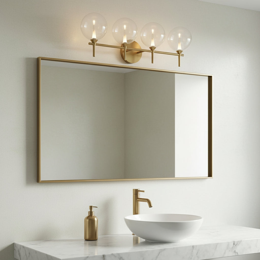 Eaton LED 4 Light Vanity, Brass and Clear Glass for Modern home with White Walls