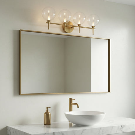 Eaton LED 4 Light Vanity, Brass and Clear Glass for Modern home with White Walls