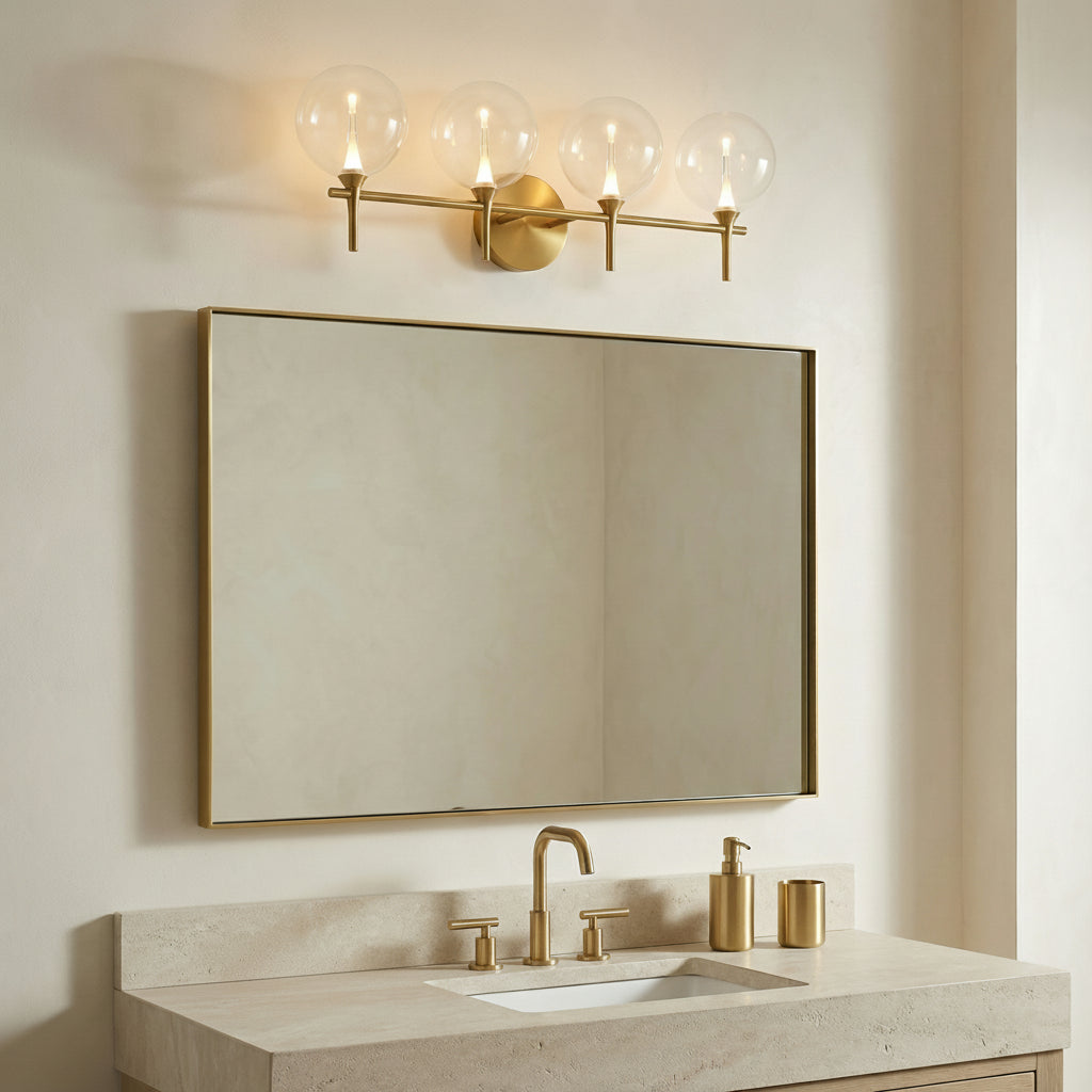 Eaton LED 4 Light Vanity, Brass and Clear Glass for Modern home with Warm Beige Siding