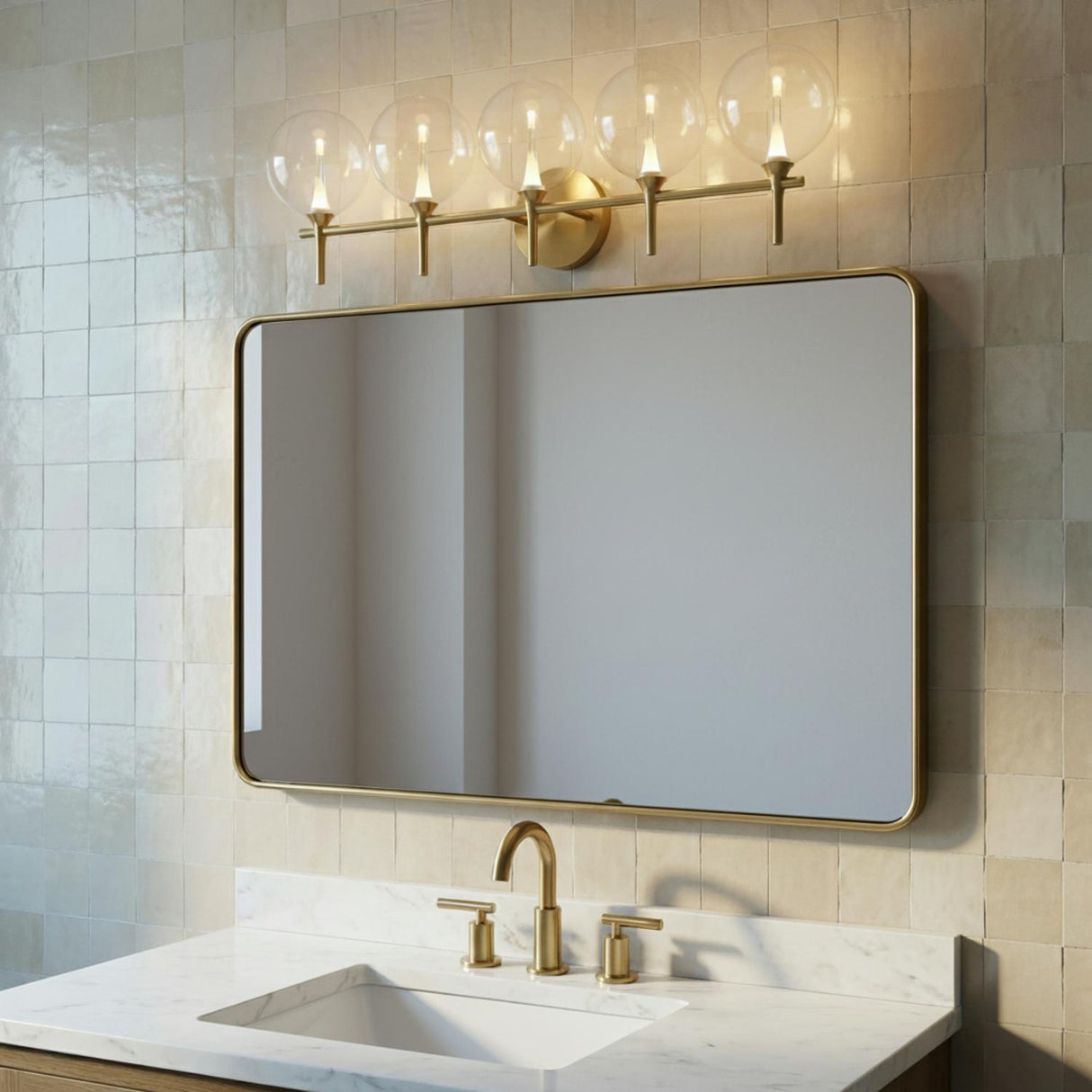 Eaton LED 5 Light Vanity, Brass and Clear Glass