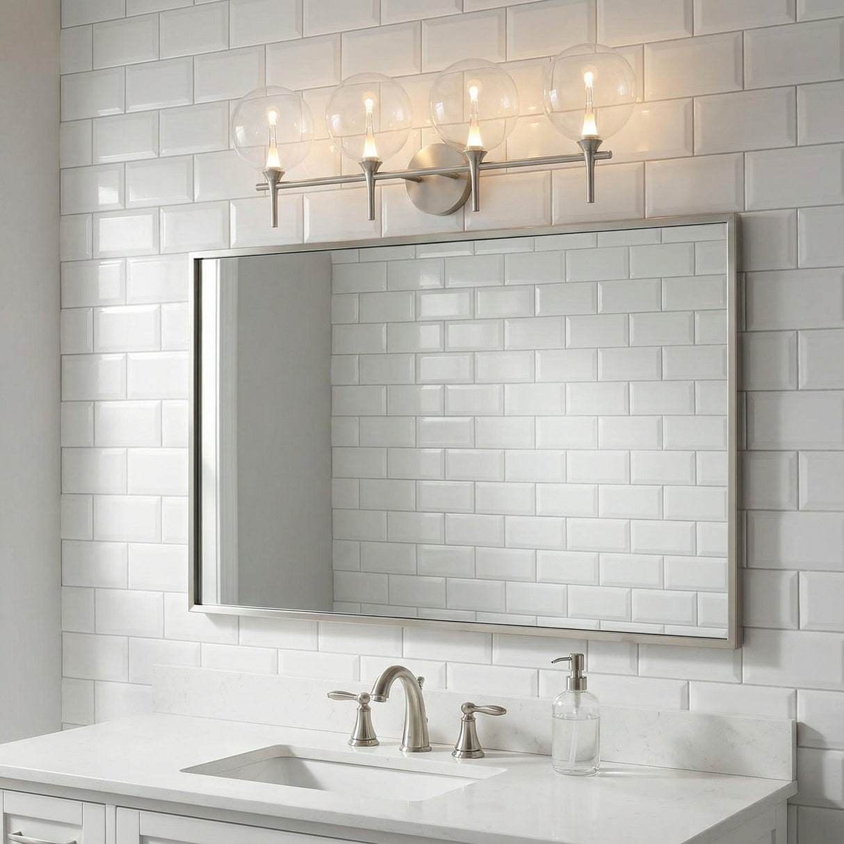 Eaton LED 4 Light Vanity, Satin Nickel and Clear Glass for Modern home with White Tile