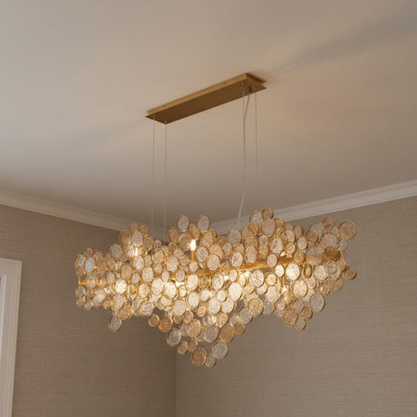 Denali 15 Light Linear Chandelier 56", Antique Gold with Topaz Glass
