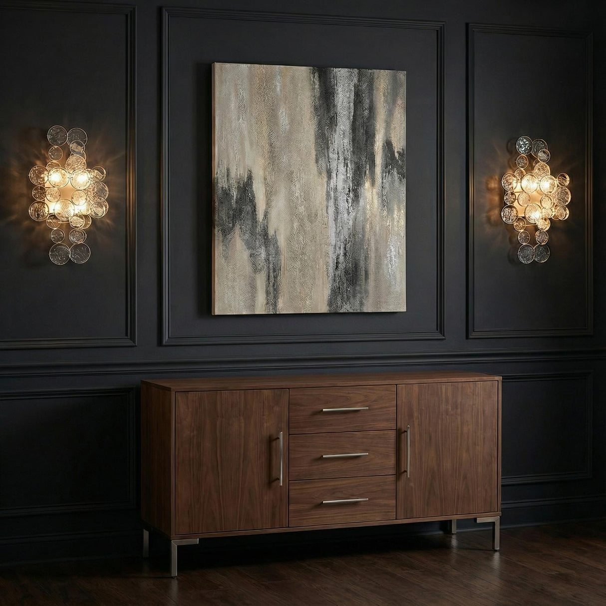 Denali Wall Sconce 18", Champagne Silver with Clear Glass geometric wall sconce in a Contemporary Entryway with a walnut sideboard.