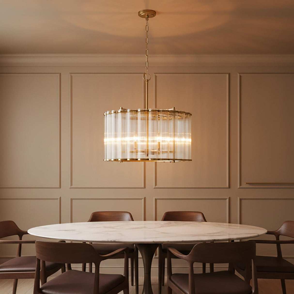 Nori 6 Light Chandelier 24", Brass and Ribbed Glass