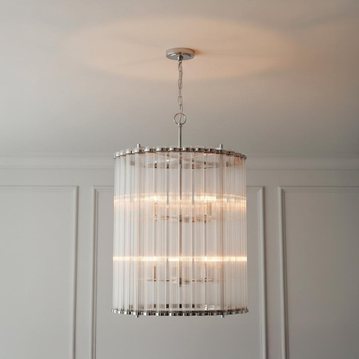 Nori 8 Light Chandelier 22", Polished Nickel and Ribbed Glass