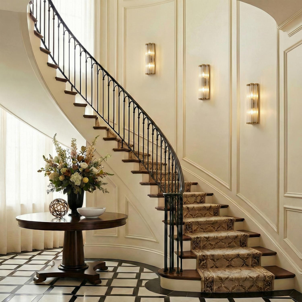 Nori Wall Sconce 14", Brass and Ribbed Glass Brass linear Wall Sconce in a Traditional Entryway with a curved staircase and floral decor.