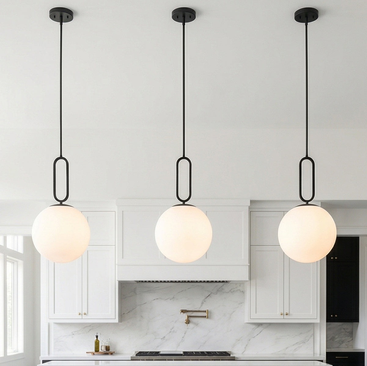 Oren Pendant 12, Matte Black and Opal Glass for Modern home with White Shiplap