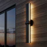Lune LED Outdoor Wall Light 31, Brass and Black for Modern home with Brown Wood