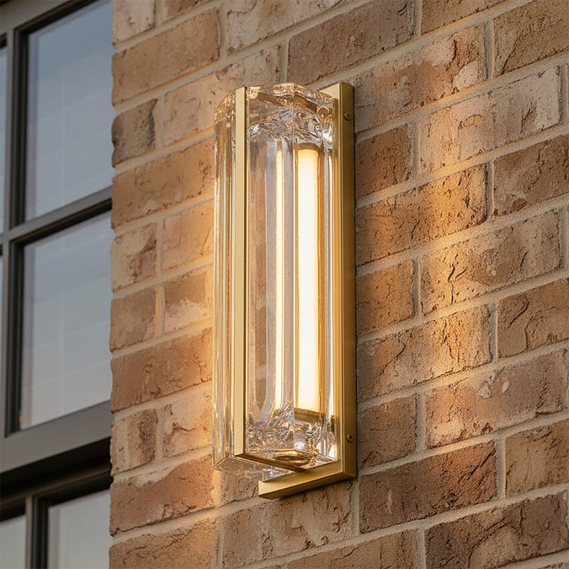 Prescott LED Outdoor Wall Light 16", Gold and Clear Glass for Modern home with Brown Brick
