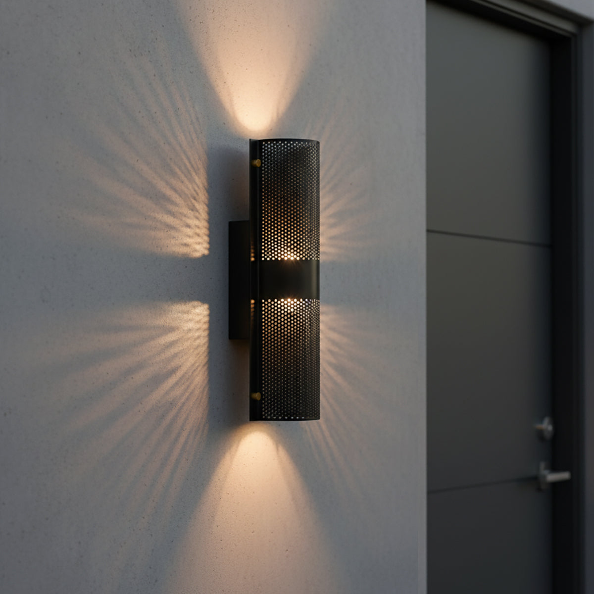 Quin LED Outdoor Wall Light 12", Black with Gold Accents for Modern home with Gray Stucco