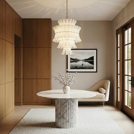 Brielle 13 Light Chandelier 22", White Art Glass with Aged Brass scalloped Chandelier in a Modern Entryway with a white marble table & natural wood cabinets.