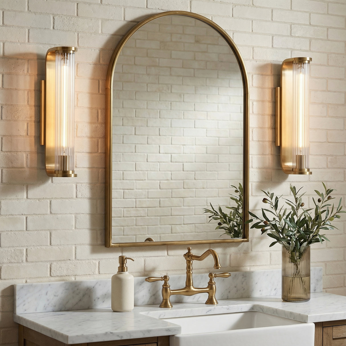 Cedar Wall Sconce 17", Aged Brass and Clear Ribbed Glass for Modern Farmhouse home with White Brick