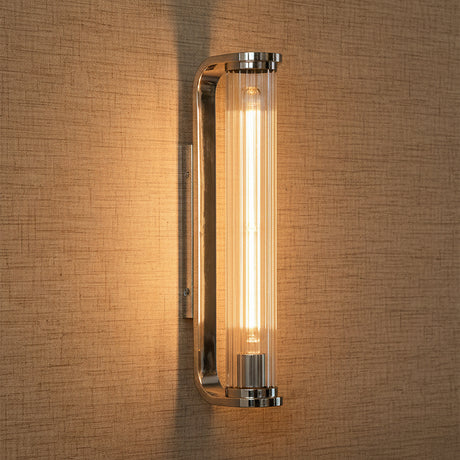 Cedar Wall Sconce 17, Polished Nickel and Clear Ribbed Glass for Modern home with Beige Textured Wallpaper