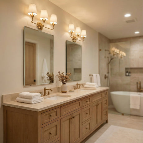 Ayla 3 Light Vanity, Antique Gold leaf design Vanity in a Transitional Bathroom with a natural wood double vanity.
