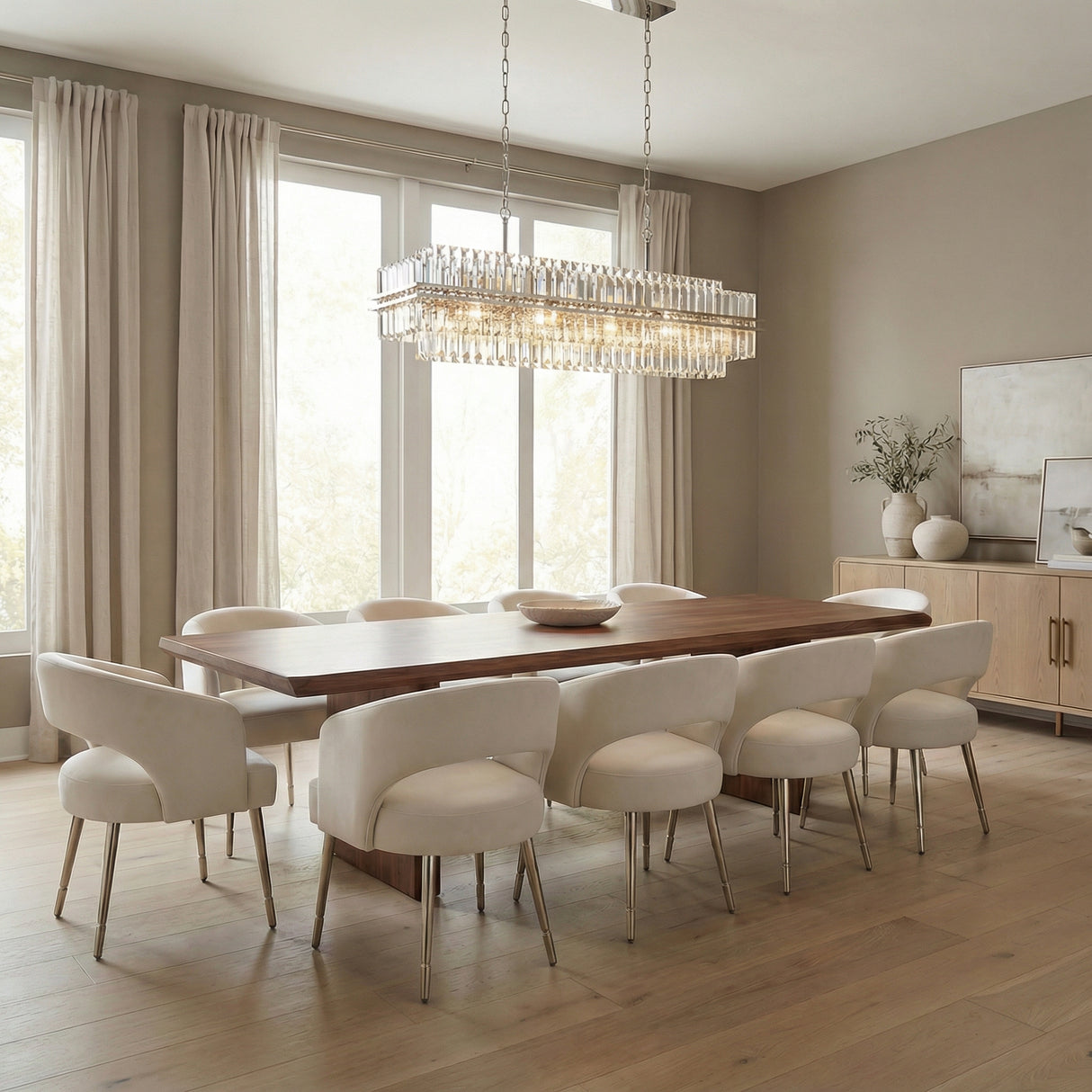Maxwell Linear Chandelier, Crystal with Polished Nickel linear chandelier in a Contemporary Dining Room with a walnut dining table.