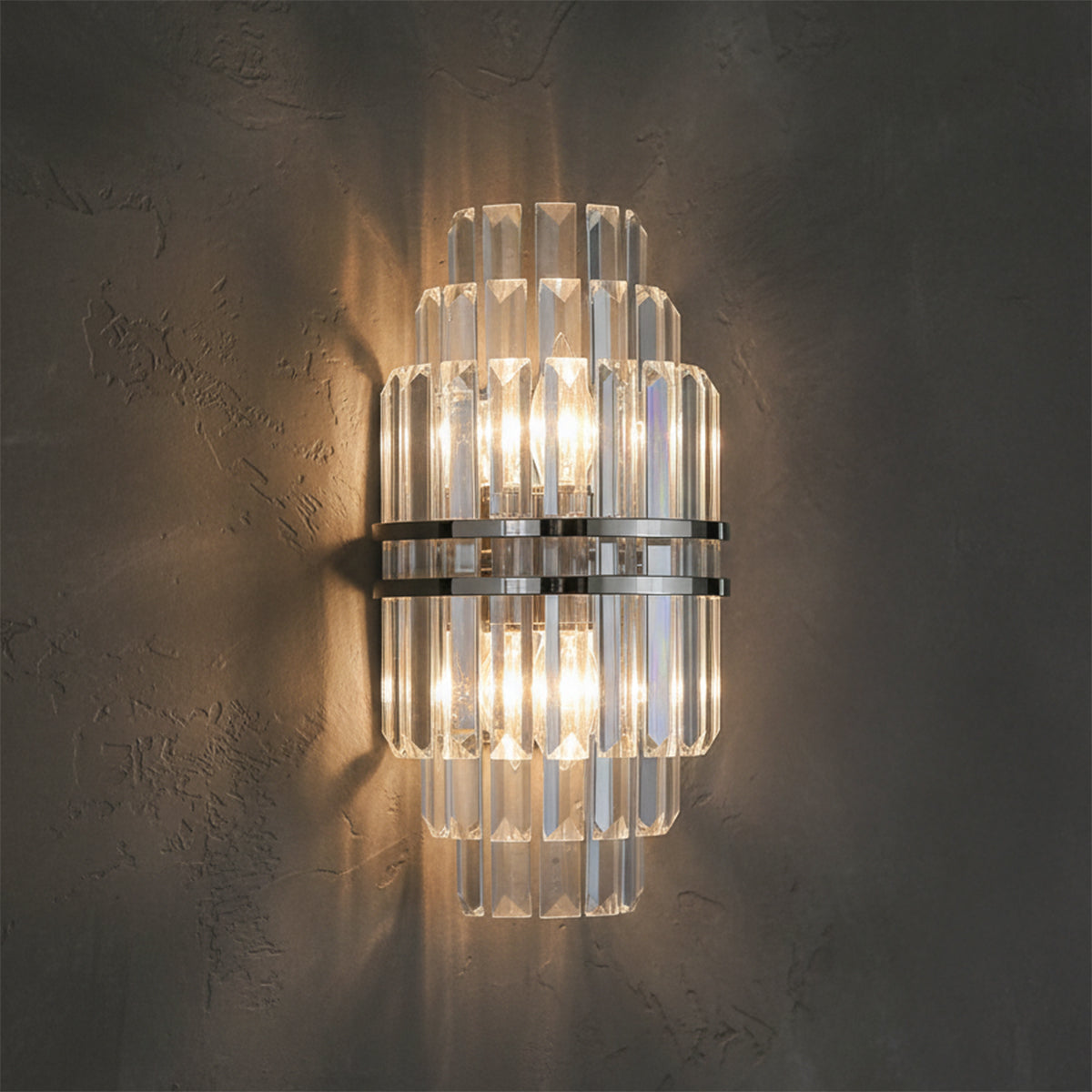 Maxwell Wall Sconce 14" Crystal with Polished Nickel for Modern home with Dark Gray Textured Wall