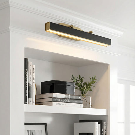 Jarrett LED Picture Light 32", Aged Brass & Tuxedo Leather linear wall sconce in a Transitional Living Room with a white built-in bookshelf.