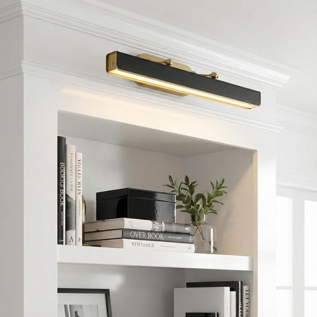 Jarrett LED Picture Light 32", Aged Brass & Tuxedo Leather linear wall sconce in a Transitional Living Room with a white built-in bookshelf.