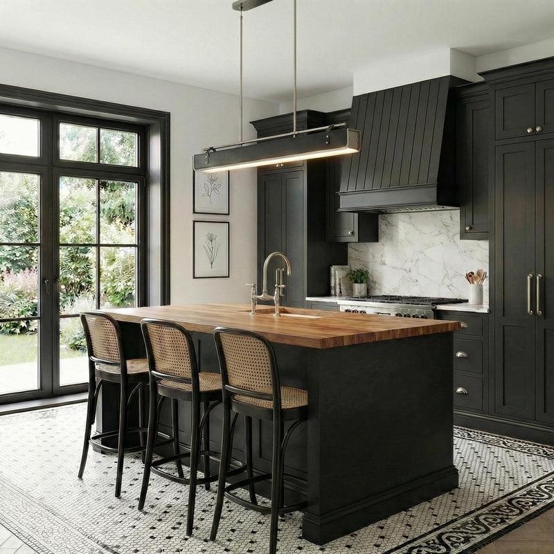 A transitional kitchen features the Jarrett LED Linear Pendant 60", Brushed Nickel and Tuxedo Leather over a wood island with black shaker cabinets and marble backsplash.