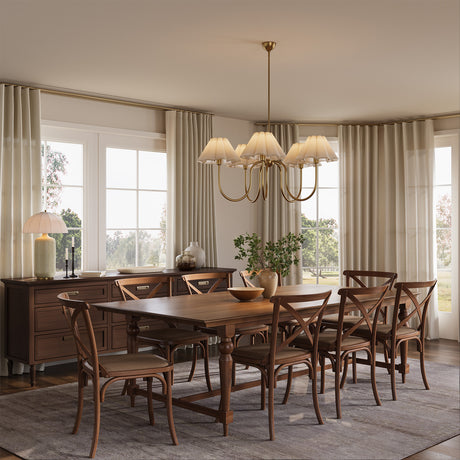 Rory 5 Light Chandelier 31" wide, Brushed Brass finish with scalloped linen shades, sown in a traditional dining room with drapery and mahogany furniture.