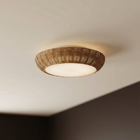 Miramar Flush Mount 15", Rattan and Opal Glass Natural woven flush mount in a Coastal Living Room with a dark accent wall.