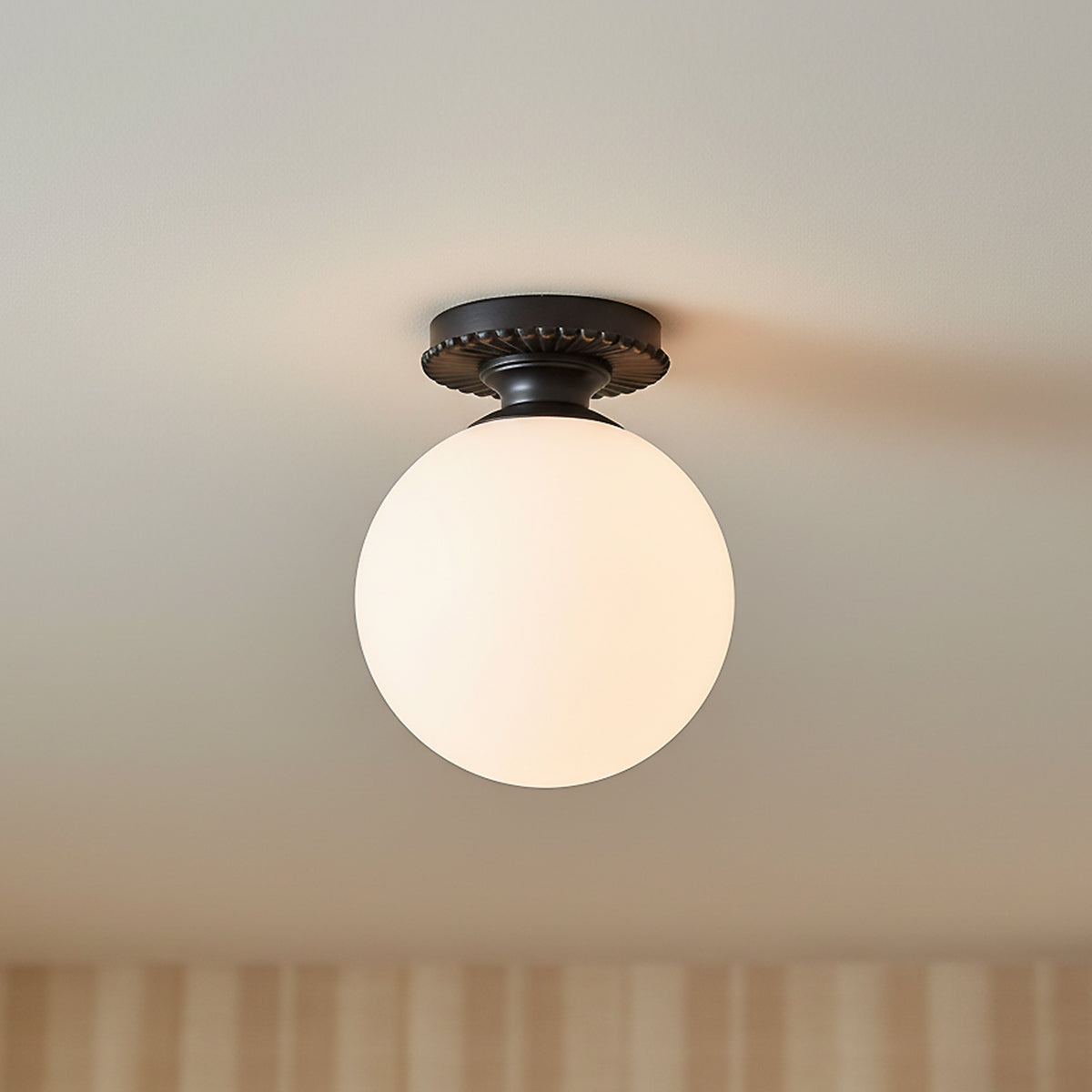 Amos Semi-Flush 8" Matte Black with Milk Glass for Modern Farmhouse home with White Siding