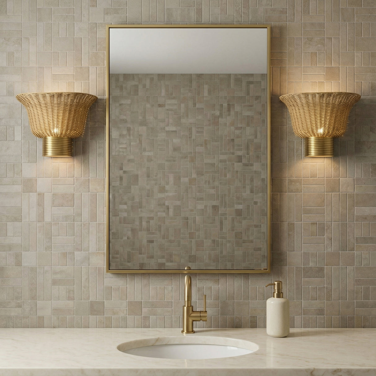 Bessie Wall Sconce 10, Rattan and Brushed Brass for Transitional home with Beige Tile