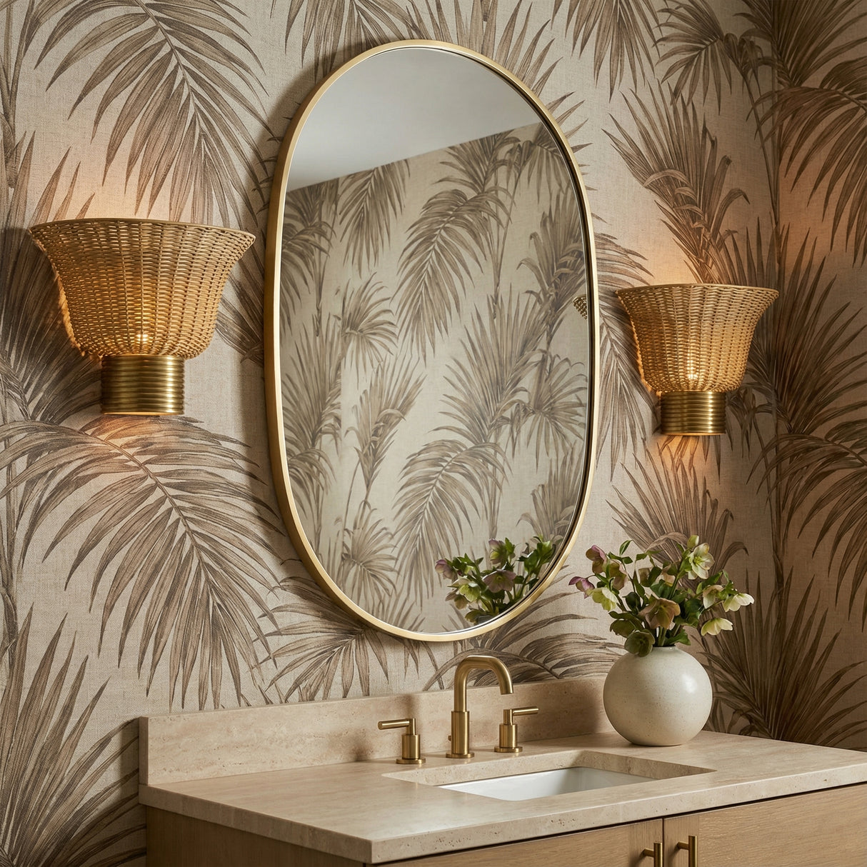 Bessie Wall Sconce 10, Rattan and Brushed Brass for Transitional home with Beige Wallpaper